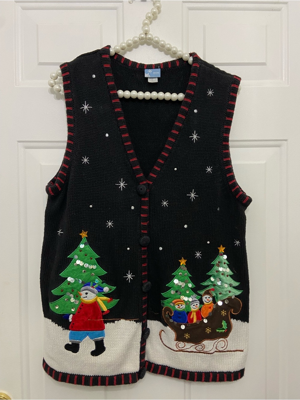 Holiday Editions Christmas Sweater Vest L Black Embellished Sequin Appliqué 🎄